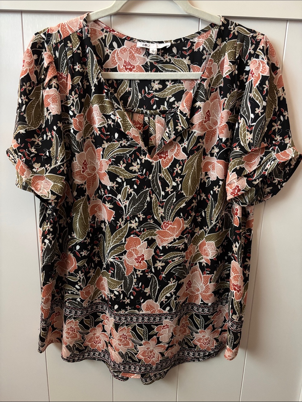 DR2 Black Floral V-Neck Blouse with Blush Flowers